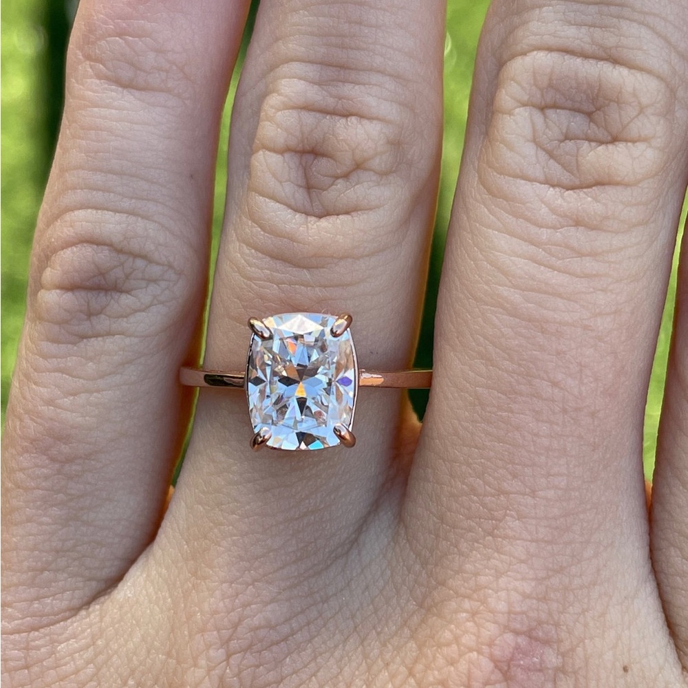 2ct Moissanite 10kt Rose Gold elongated Cushion cut Solitaire Ring
